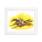 Vintage horse racing wall art with two galloping horses and jockeys on a bold yellow background. hung on the wall