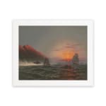 Vintage wall art showing a dramatic ocean sunset with tall waves, sailing ships, glowing cliffs, and a cloudy sky. hung on the wall