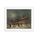 Vintage wall art of a snowy winter night with a horse-drawn sleigh, glowing lights, and people walking in front of a lit church. hung on the wall