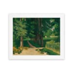 Vintage wall art of a forest path with tall green trees and earthy tones by Infidu. hung on the wall