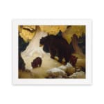 Vintage wall art of mother bear and cubs walking through snowy forest in warm earthy tones. hung on the wall