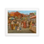 Lively vintage market scene with colorful umbrellas, people, and warm earthy tones in a nostalgic old-town setting. hung on the wall