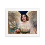 Infidu Serene Angelic Woman vintage wall art print showing a peaceful woman in a white gown with flowers and glowing background. hung on the wall