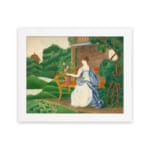 Vintage wall art of a woman in a white dress with flowers, set in a peaceful countryside scene with trees and a distant structure. hung on the wall