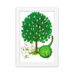 Vintage botanical illustration of a green tree with white blossoms and a spiky fruit on a white background. hung on the wall