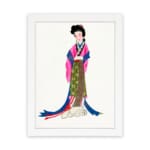 Vintage art of a graceful woman in colorful traditional clothing with flowing ribbons. hung on the wall