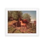 Two horses in a countryside setting with trees, grass, and soft sky tones, framed in white – vintage wall art by Infidu. hung on the wall