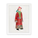 Vintage wall art of a historical figure in a red robe with intricate patterns and colorful headgear on an off-white background. hung on the wall