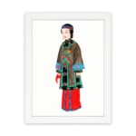 Vintage wall art of a cultural figure wearing a brown robe with green and blue details, red pants, and a plain white background. hung on the wall