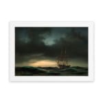 Vintage wall art of a sailing ship on a stormy sea with dark waves and a dramatic, cloudy sky. hung on the wall