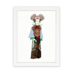 Vintage wall art of a person in traditional clothing with colorful robe and detailed headpiece, framed in white. hung on the wall
