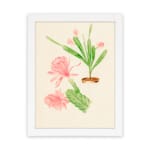 Vintage wall art with pink flowers and green cactus stems in a brown pot, set against a beige background with a clean white frame. hung on the wall