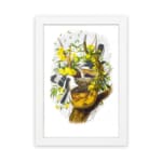 Vintage wall art showing two black and white birds flying near a tree branch with green leaves and bright yellow flowers on a white background. hung on the wall