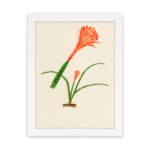 Infidu Elegant Orange Flower Vintage Wall Art featuring a vibrant orange flower with green leaves, framed in white. hung on the wall