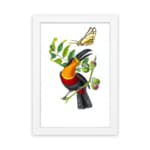 Colorful bird on a leafy branch with a yellow butterfly – vintage wall art with a vibrant nature scene hung on the wall