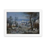 Vintage wall art showing a lively winter village scene with people skating, snowy houses, bare trees, and a soft blue sky. hung on the wall