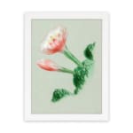 Vintage botanical wall art with a blooming flower and detailed green leaves, framed in white. hung on the wall
