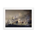 Vintage naval battle wall art showing ships in combat on stormy seas with dramatic smoke and cannon fire. hung on the wall