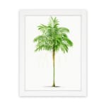 Vintage wall art of a green leaf with light yellowish-white patterns on a white background in a white frame. hung on the wall