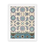 Vintage Persian floral and geometric wall art print with blue, teal, and purple flowers on a cream background in a white frame. hung on the wall