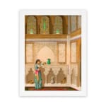 Vintage wall art of a royal Mughal room with a woman in colorful attire holding a vase, detailed with arches, patterns, and classic hues. hung on the wall