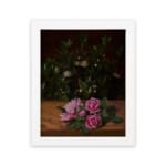 Infidu vintage wall art featuring delicate pink roses with lush green leaves on a rustic wooden background. hung on the wall on a white background