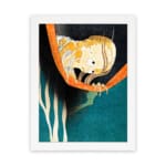 Vintage Japanese shrimp illustration on teal background with orange branch and white frame hung on the wall