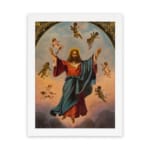 Vintage wall art of Jesus Christ ascending with angels in a soft sky, framed in white with golden accents. hung on the wall