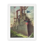 Vintage battleship with American flags sailing through choppy waters, framed in white. hung on the wall