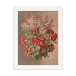 Vintage wall art of red roses and pink flowers with green leaves on a beige background, framed in white. hung on the wall