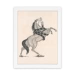 Black-and-white vintage sketch of a horse rearing with a snake wrapped around its body, framed in white. hung on the wall