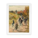 Vintage wall art of people cycling through the countryside with autumn trees and a blue sky, framed in white. hung on the wall