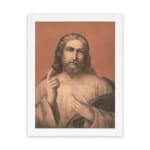 Vintage wall art of Jesus Christ holding a book, raising one hand, with soft, muted colors and a warm terracotta background. hung on the wall