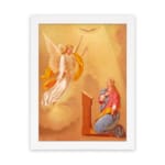 Vintage wall art of an angel and praying woman with glowing light and warm cloudy sky background. hung on the wall