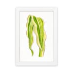 Vintage wall art of a single leaf with flowing, wavy shapes in green and yellow, framed in white on a white background. hung on the wall