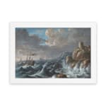Vintage wall art of a dramatic ocean storm with waves, rocky cliffs, and a stone tower. hung on the wall