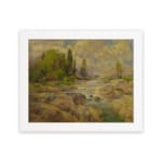 Vintage wall art of a rocky stream with green trees and a cloudy sky in warm earthy tones of brown, green, and yellow. hung on the wall