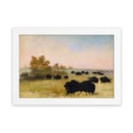 Infidu vintage wall art featuring a calm pastoral scene with black cattle grazing on a green field under a soft, cloudy sky. hung on the wall on a white background