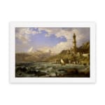 Vintage coastal wall art with waves, a lighthouse, and mountains. hung on the wall