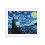 Vincent van Gogh’s The Starry Night vintage wall art shows swirling blue sky, bright yellow stars, a crescent moon, a tree silhouette, and a village. hung on the wall
