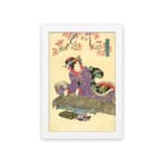 Vintage Japanese woman wall art with cherry blossoms in soft pink, wearing a purple kimono on a beige background. hung on the wall