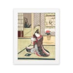Infidu Asian-style vintage wall art featuring a traditionally dressed couple in a serene indoor setting with intricate details. hung on the wall on a white background