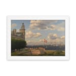 Vintage wall art of a coastal town with sailing ships, historic buildings, and soft blue sky by Infidu. hung on the wall