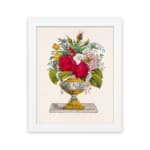Infidu vintage wall art featuring a colorful floral arrangement in an elegant vase against a white background. hung on the wall on a white background