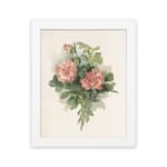Infidu vintage pink floral wall art with two pink flowers and green leaves on a beige background in a white frame. hung on the wall