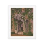 Cozy house with ivy and blooming vines, vintage wall art with soft beige walls, a chair, a table, and purple flowers. hung on the wall