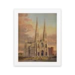 Majestic cathedral at sunset with pointed spires and warm-toned sky in vintage wall art design. hung on the wall