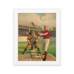 Infidu vintage wall art featuring a classic baseball scene with a batter, catcher, and judge in period uniforms on a vibrant field. hung on the wall on a white background