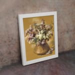 Vintage floral bouquet in a golden vase on a yellow background. displayed on the wall