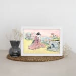 Infidu vintage wall art featuring a graceful Japanese woman in a traditional kimono with intricate patterns and soft colors. displayed on the wall art in a white frame